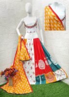 White with Yellow Digital Print Chaniya Choli with Full Mirror Work