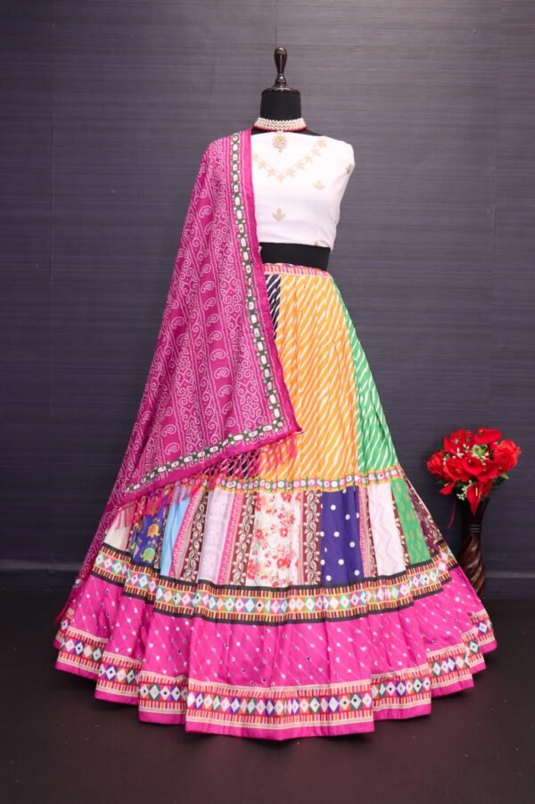 Lehariya & bandhani Digital Print Chaniya Choli with Full Mirror Work