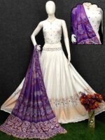 Off White & Purple Digital Print Chaniya Choli with Full Mirror Work