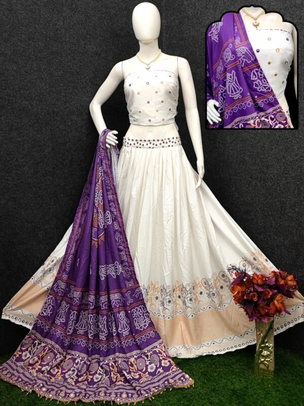 Off White & Purple Digital Print Chaniya Choli with Full Mirror Work