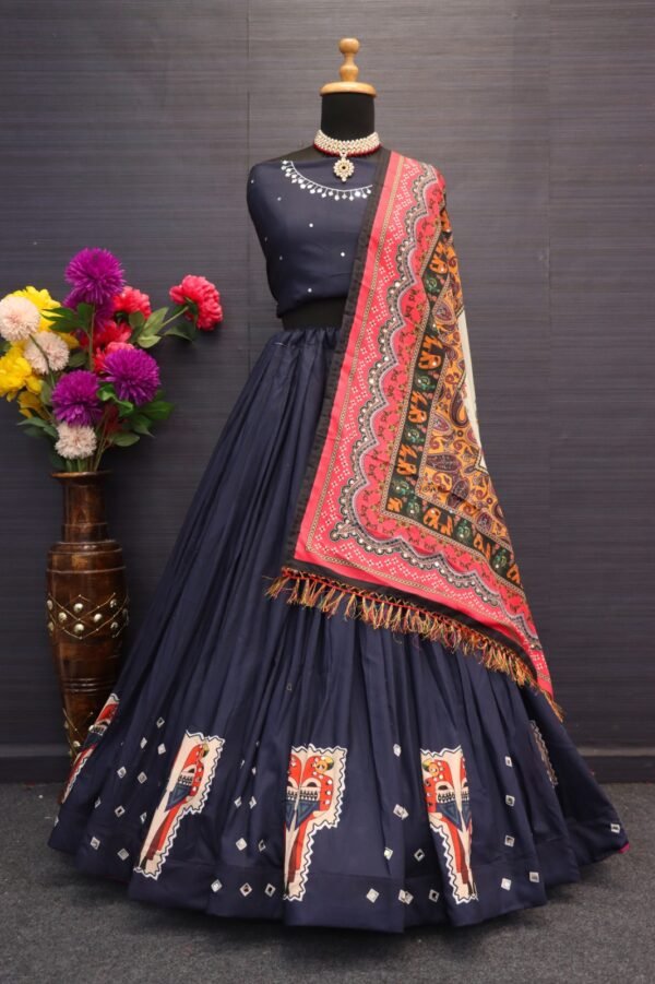 Dark Blue Digital Print Chaniya Choli with Full Mirror Work